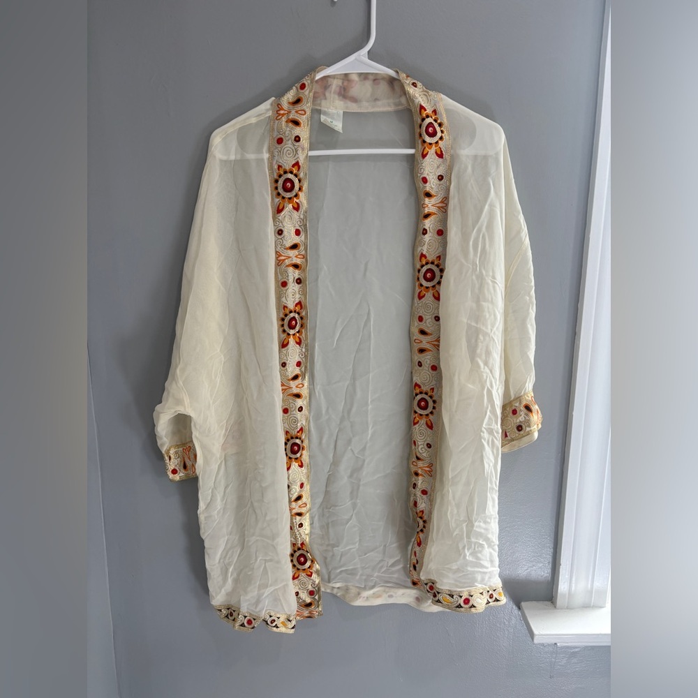 Vintage Sheer White Kimono-style Cardigan Embroidered trim open cardigan